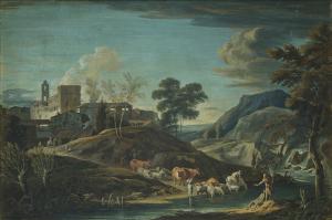 Marco Ricci (Belluno 1676 - Venezia 1730) - Paesaggio fluviale con armenti e personaggi